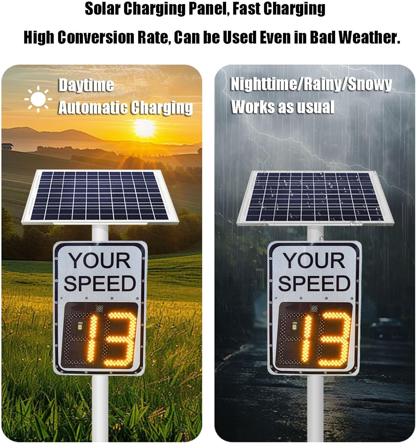 Solar Powered Speed Display Radar Traffic Sign - Flashing Speed Limit Sign with Accessories, Road Speed Tracking & Warning for Roadway Safety(23.6x35.4in)