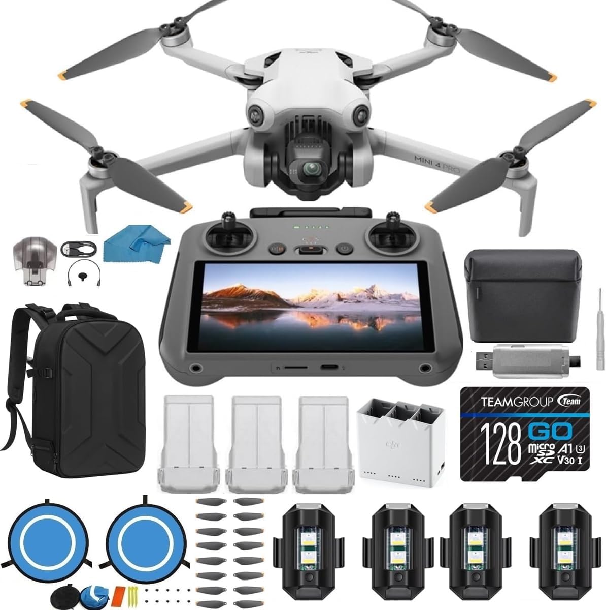 DJI Mini 4 Pro Drone with 3 Battery Fly More Combo with DJI RC 2 Screen Remote Camera Drone Bundle Kit, with 128 GB SD, 3.0 USB Card Reader, Landing Pad, Waterproof Backpack, Strobe Lights and More