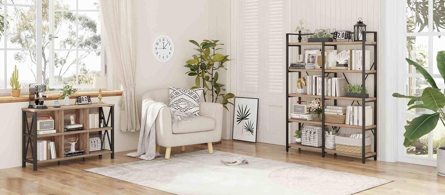 FATORRI Industrial Tall Bookshelf and Horizontal Bookcase for Home Office (Rustic Oak)