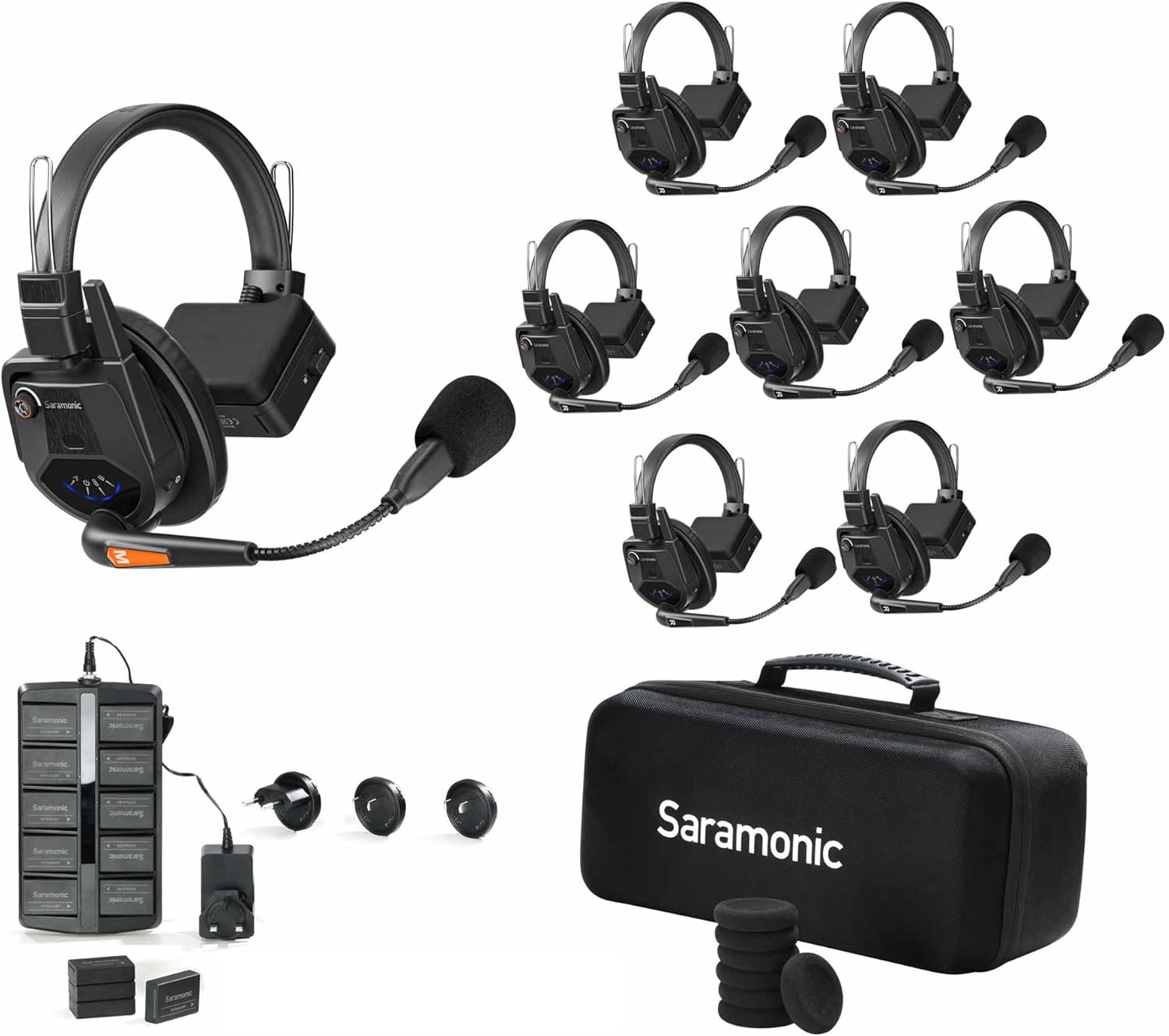 Saramonic WiTalk9-7S 7-Person 1.9GHz Full-Duplex Wireless Intercom System with 500m Range, expandable to 30 Users, 14 Batteries, 10-Bay Charger & Deluxe Case