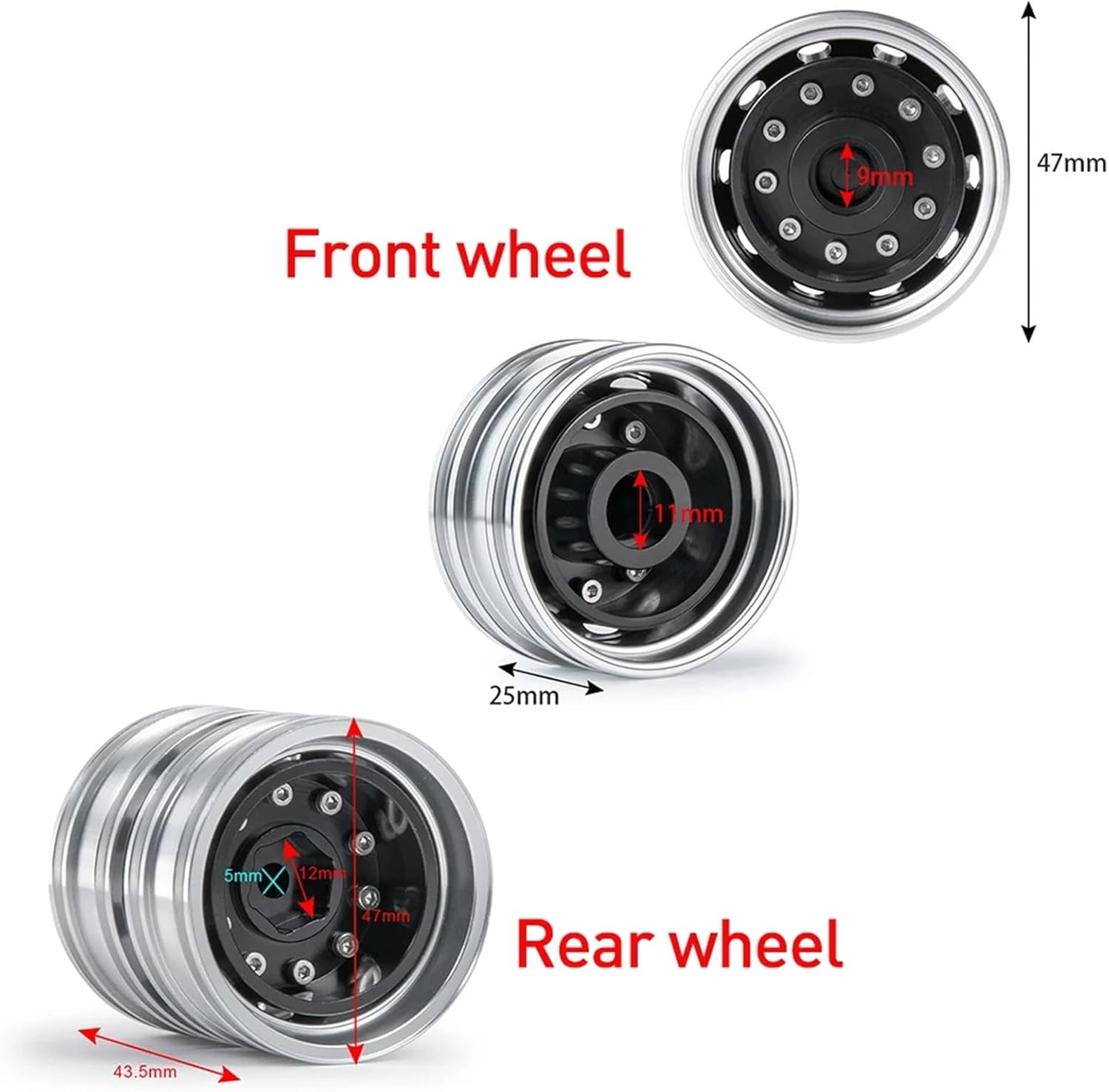 For Tamiya 1/14 Front Rear Wheel Tires Complete Set Metal Hub Rubber Tyre RC Tractor Truck Car Upgrade Parts Models