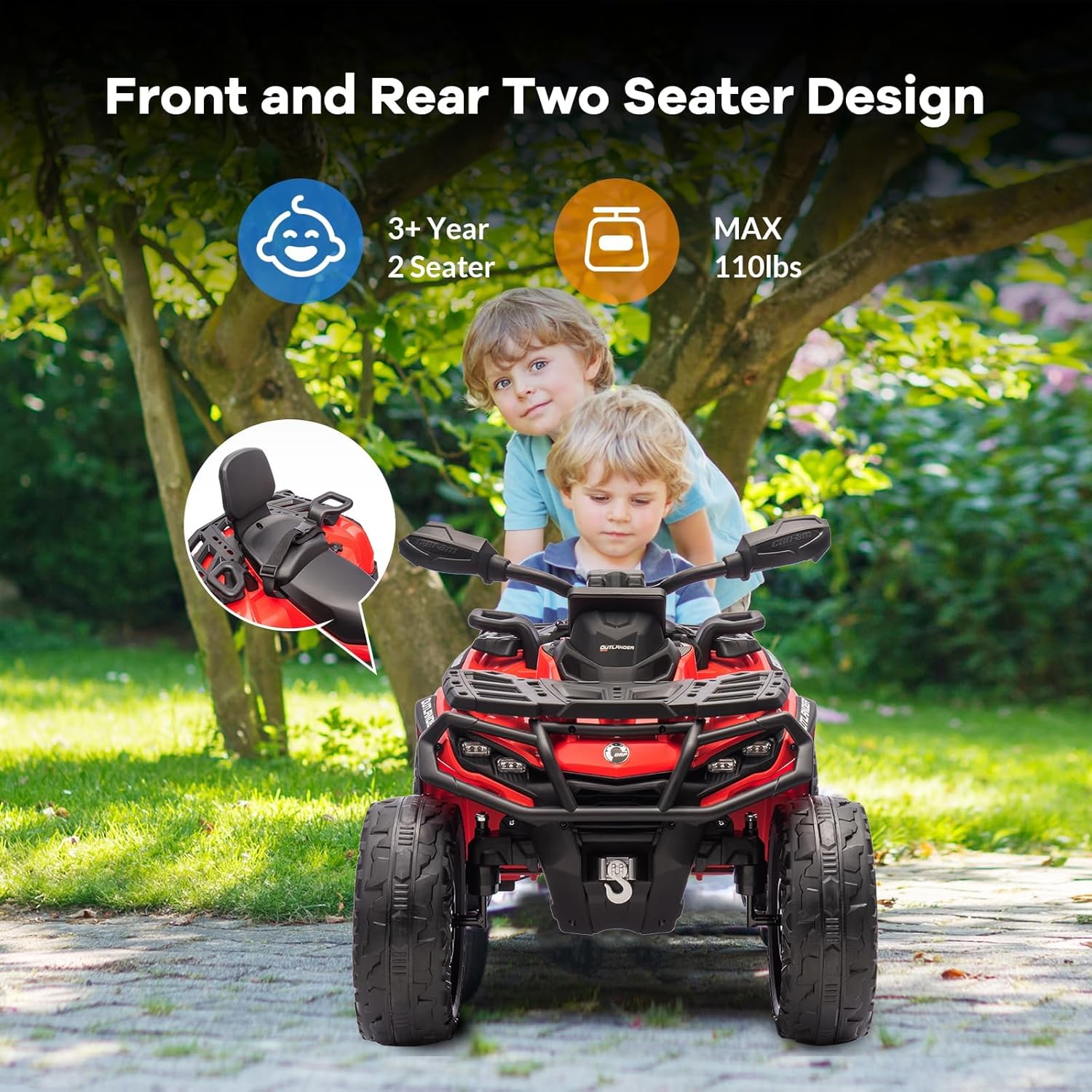 12v Kids Electric ATV, Ride-on Toy Car for Toddlers, 4-Wheel Vehicle with 2-Seater, Remote Control, LED Lights, Music, and Spring Suspension, Electric Car for Kids, 4 Mph Safety Speed, Blue