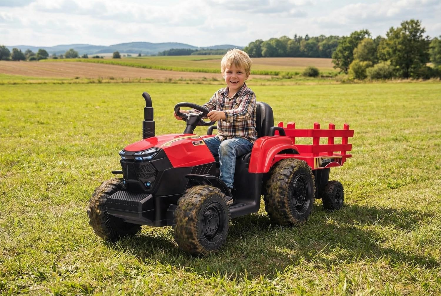 Kids Electric Ride On Tractor, 12v Battery-Powered 4 Wheels Ride On Car with Trailer, 35W Dual Motors/3-Gear-Shift/LED Lights/USB for Toddlers 3-6 Boys/Girls