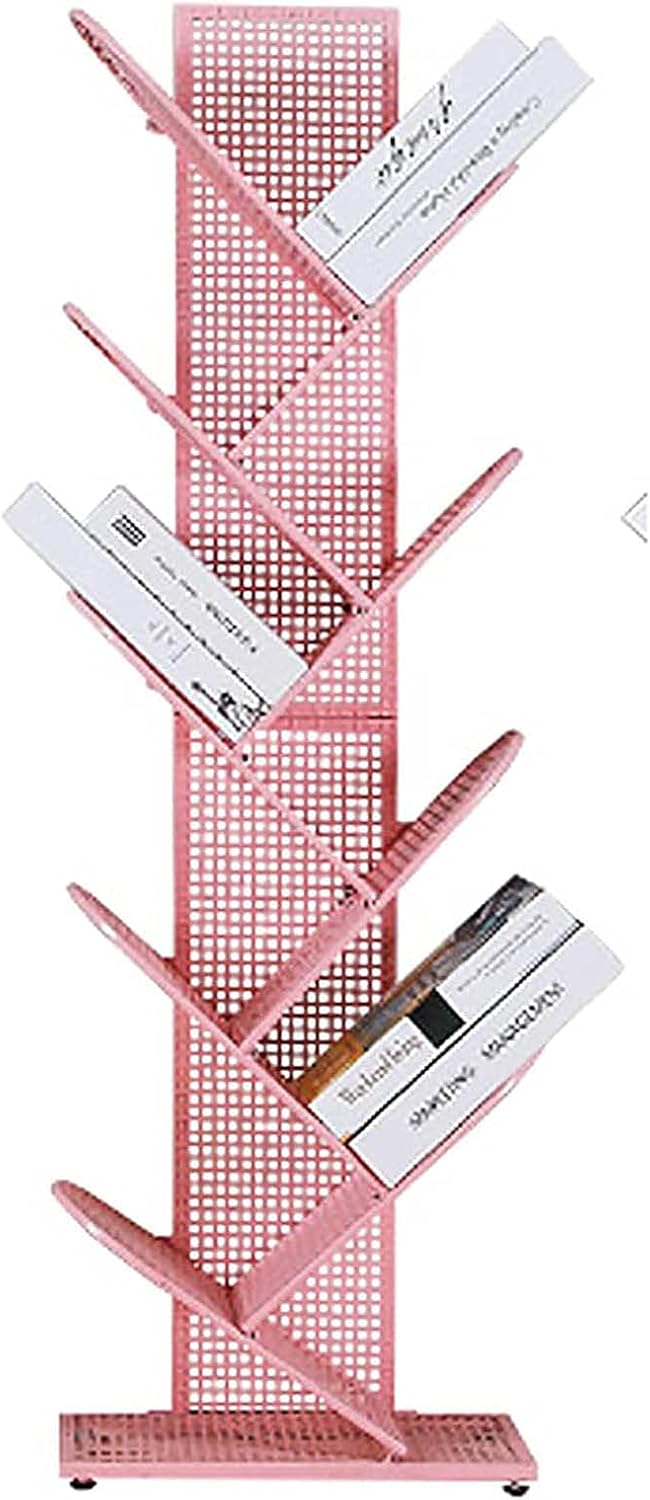 EXCEI Space Saving Storage Shelves for Books Magzines Cds Office,9-Tier Metal Tree Bookshelf,Modern Floor Standing Bookcase,Large Capacity Book Display Rack-Pink 40.5x22x127cm(16x9x50inch)