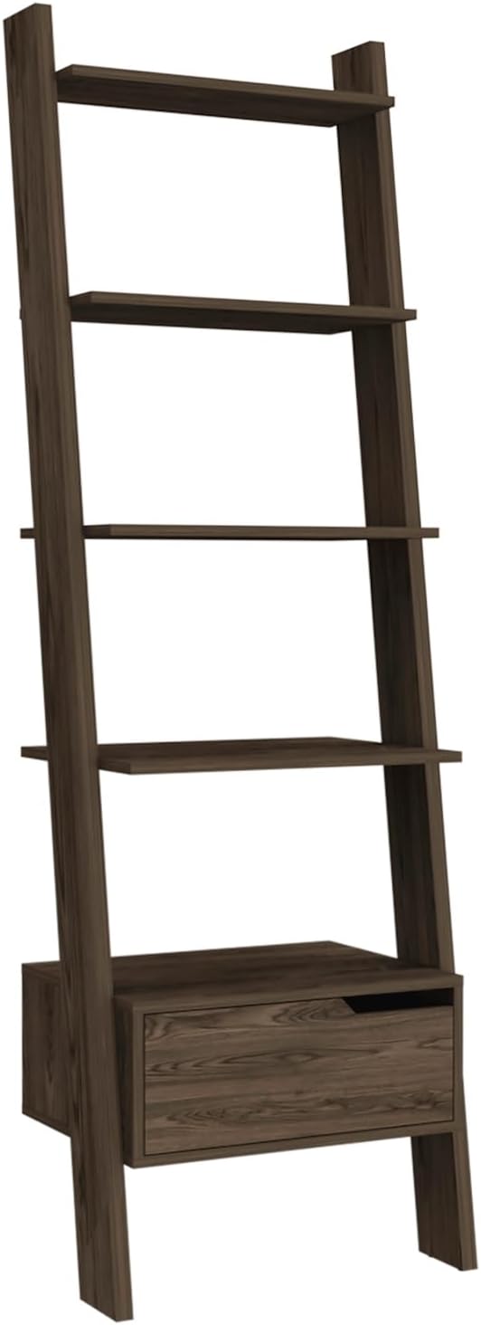 KCSWKJ Oslo Ladder Bookcase, Four Legs, One Drawer, Five Open Shelves -Dark Walnut