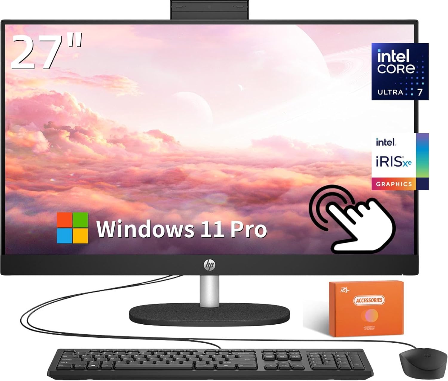 HP 27 Inch All in One Desktop Computer, FHD Touchscreen, Intel Ultra 7 155U(12-core), Intel IrisX Graphics, 64GB DDR5, 2TB SSD, Wired KB & Mouse, Windows 11 Pro, w/Accessories