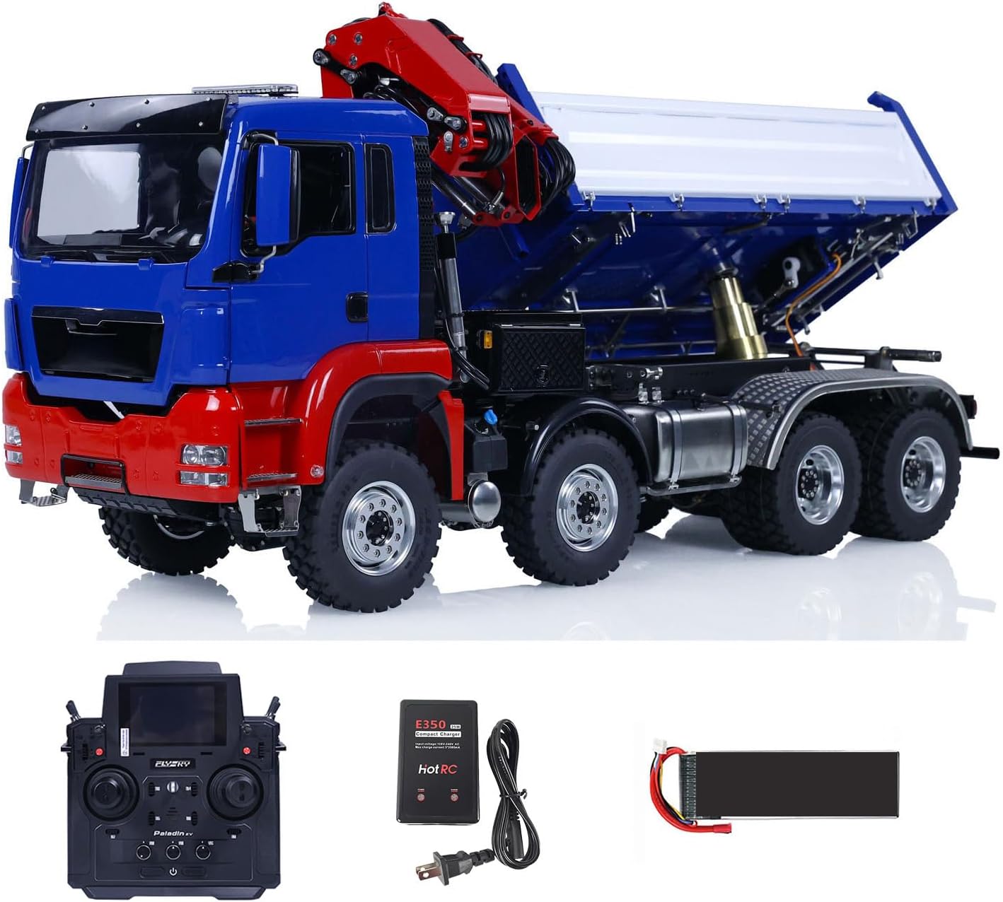 LESU wheelfun 8X8 1/14 RC Hydraulic Crane Dumper Truck Assembled RC Tipper Construction Vehicle Model PL18Ev Lite Radio Light Sound 2-Speed Transmission(Blue and White)