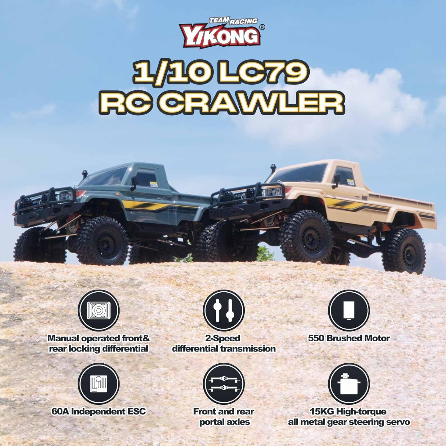 EAZYRC YKHOBBY 1/10 Scale 4X4 RC Rock Crawlers- LC79 Style 4WD Off-Road RC Rock Trucks, Manual Diff Locks, 2-Speed Transmission, Upgradeable Brushed Motor, 4WD Off-Road RS for Adults & Teens