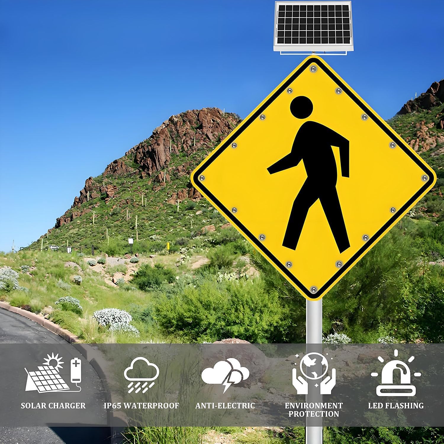 24in Solar LED Pedestrian Crossing Sign - Flashing Traffic Warning, Weatherproof Aluminum IP65 Blinking Street Sign for Safe Crosswalks