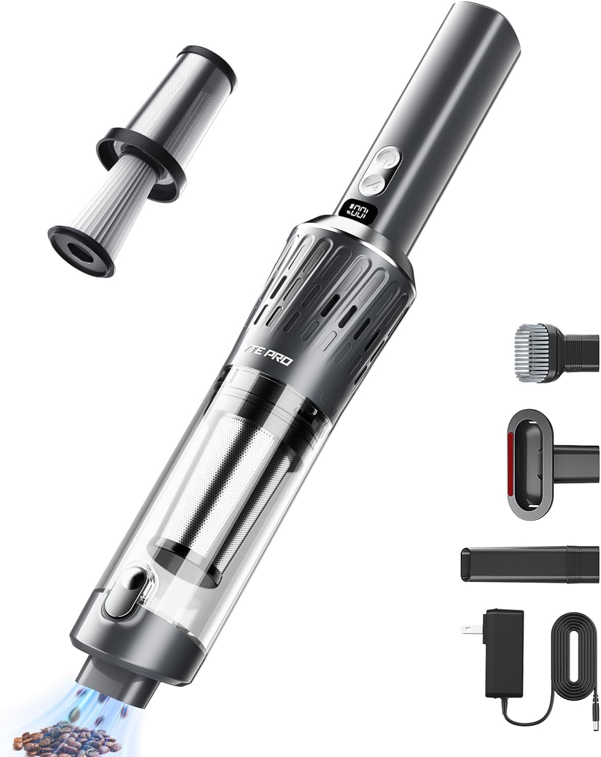 YTE PRO Handheld Vacuum Cordless 25000Pa Car Vacuum 3-in-1 Handheld Vacuum, Includes Smart Display and Charging Base Hand Vac Cordless Rechargeable One-Touch Empty for Home/Pet/Car (Silver)