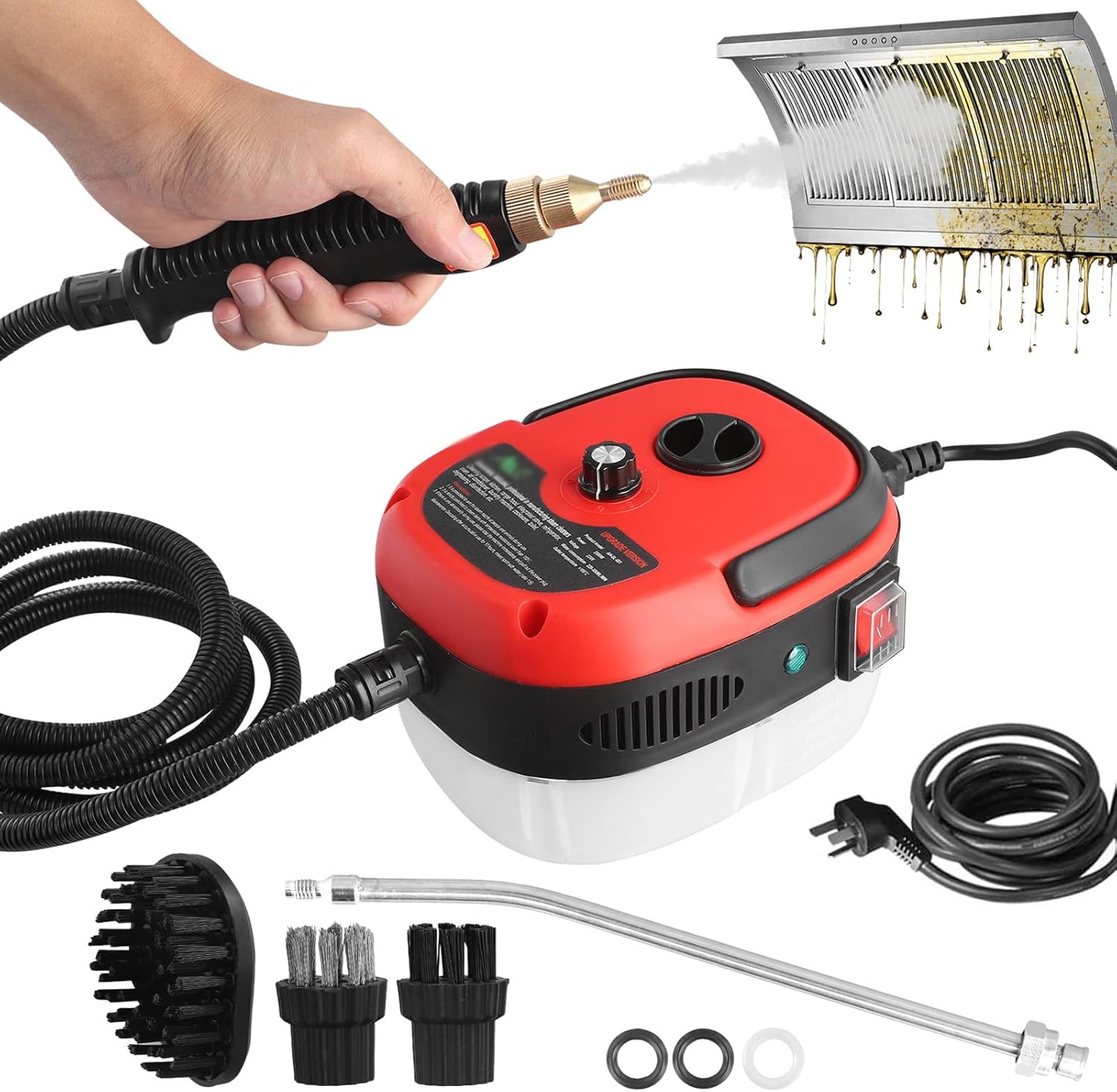 TREEYX 2500W Handheld Steam Cleaner, Portable High Temp Steamer Cleaning Machine with 3 Brush Heads, Steamer for Cleaning Grout Tile Car Living (Red 220v)