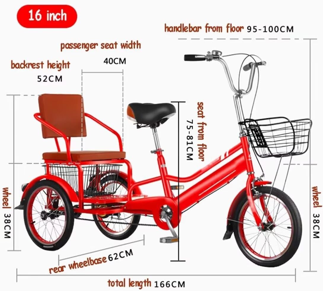 Elderly Tricycle,Adult Rickshaw Pedal Tricycle,Leisure Mobility Vehicle,16inch/20inch Tandem Trike with Rear seat,Sensitive Dual Brakes,Scooter Bike (Black 16inch)