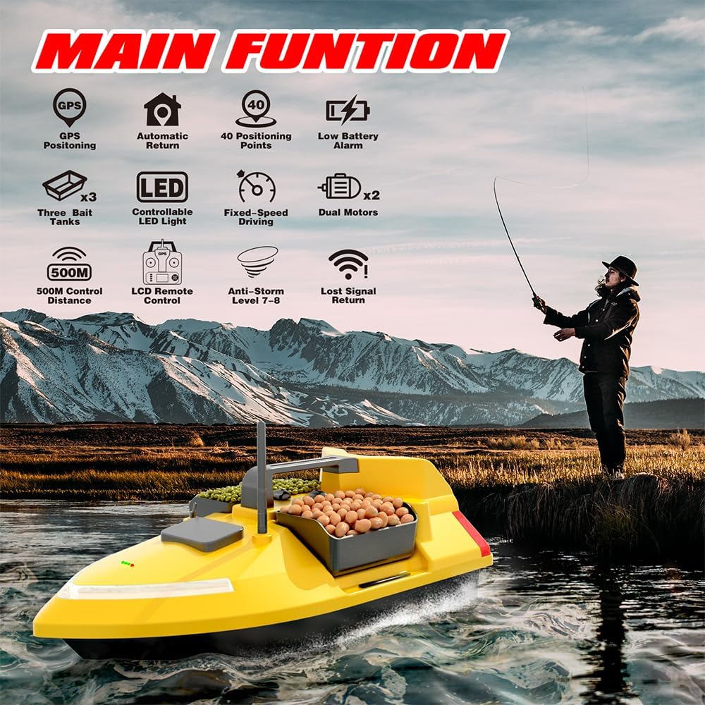 Bait Boat V020 Glow in The Dark, RC Fishing Boat GPS with Dual Motors, 12000mAh Battery, 546 Yards Range, Triple Bin 4.4 Lbs Capacity, Fluorescence Effect