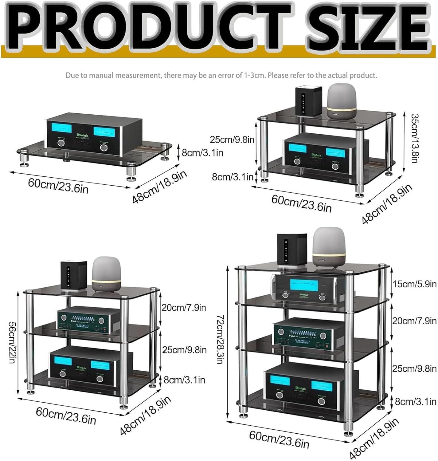 Diodceraic 1/2/3/4-Tier Stereo Rack AV Media Stand with Tempered Glass Shelves