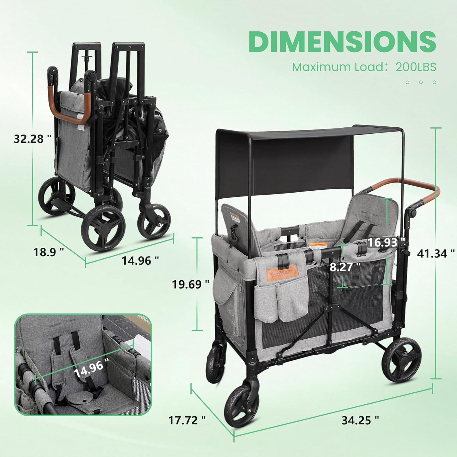 Wagon Stroller for 2 Kids - Double Seater Push Stroller with Canopy | Collapsible Foldable Wagon for Kids Toddlers & Infants with Removable Seat Pads (Grey)