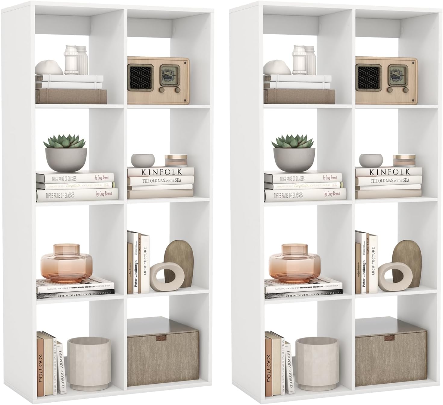 Giantex 8-Cube Bookcases Set of 2, White Cubby Bookshelf w/Back Guardrail & Anti-Tipping Kits, 2-Tier Freestanding Storage Organizer with Shelves, Open Back Display Rack for Living Room, Bedroom