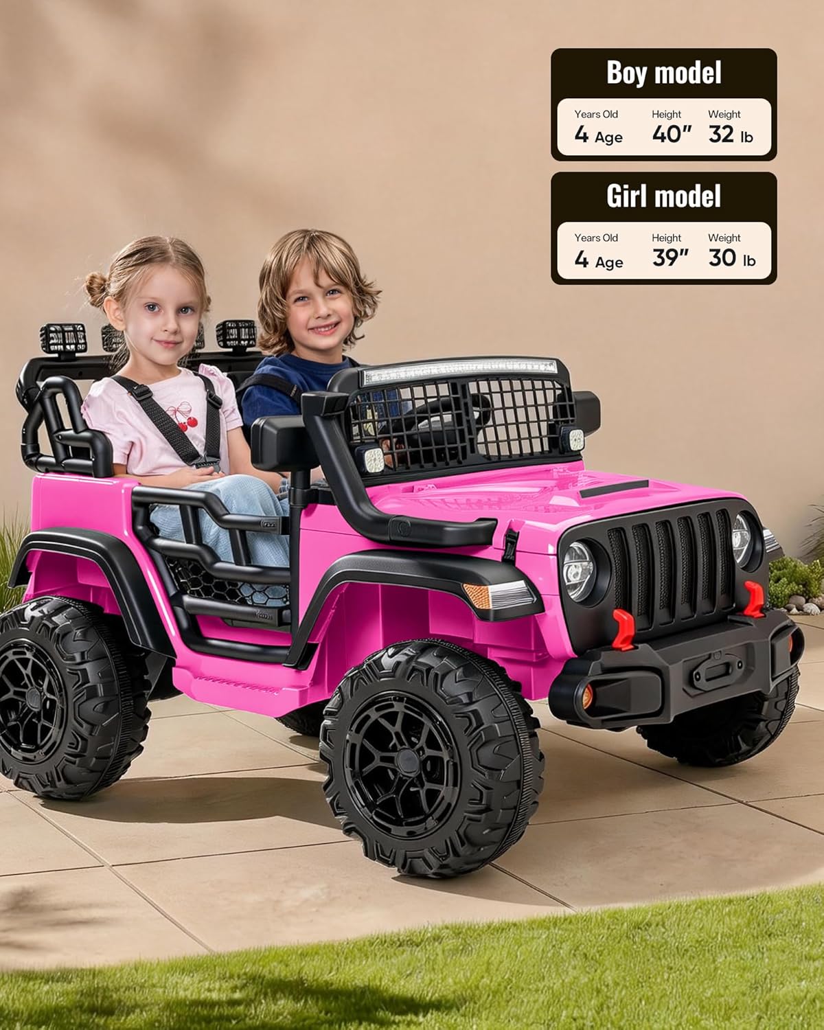 2 Seater Ride on Car Toy, 12V Electric Car for Kids 4-8 with Remote Control, Capacity 110 lb, LED Light - Pink
