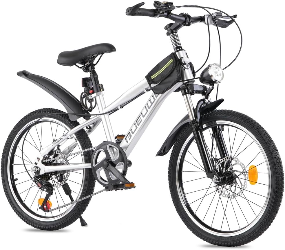 20 24 Inch Kids Mountain Bike, Children Bicycles for Boys and Girls Ages 6-12, 7 Speed Teenager Bikes with Disc Brakes, Adjustable Handlebars and Seat, Kickstand,Silver,24 Inch