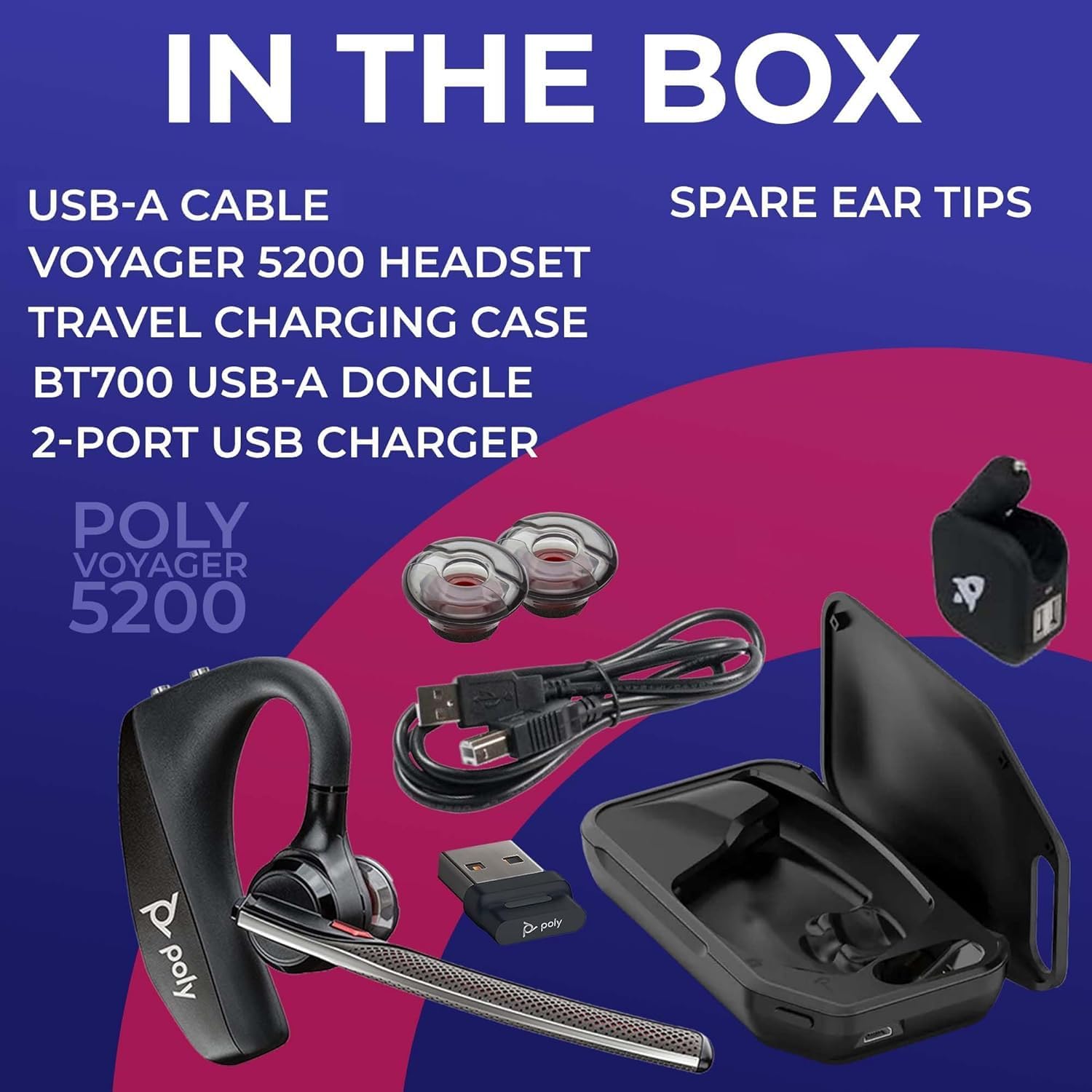 Plantronics Poly Voyager 5200 UC Bluetooth Headset Bundle - for Smartphones, PC, MAC Using RingCentral Software or App, Global Teck w/Wall Charger 206110-101