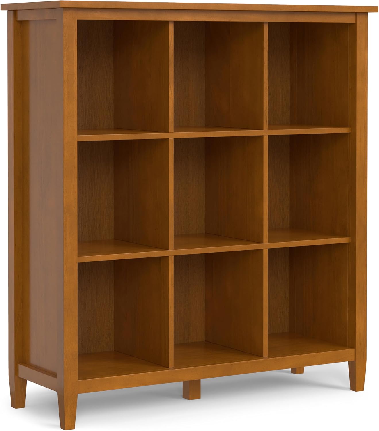 SIMPLIHOME Warm Shaker Bookcase - 44 inch Tall 9-Cube Solid Wood Cube Organizer in Light Golden Brown, Transitional Storage for Living Room, Study Room or Office with Fixed Shelves and Tapered Legs