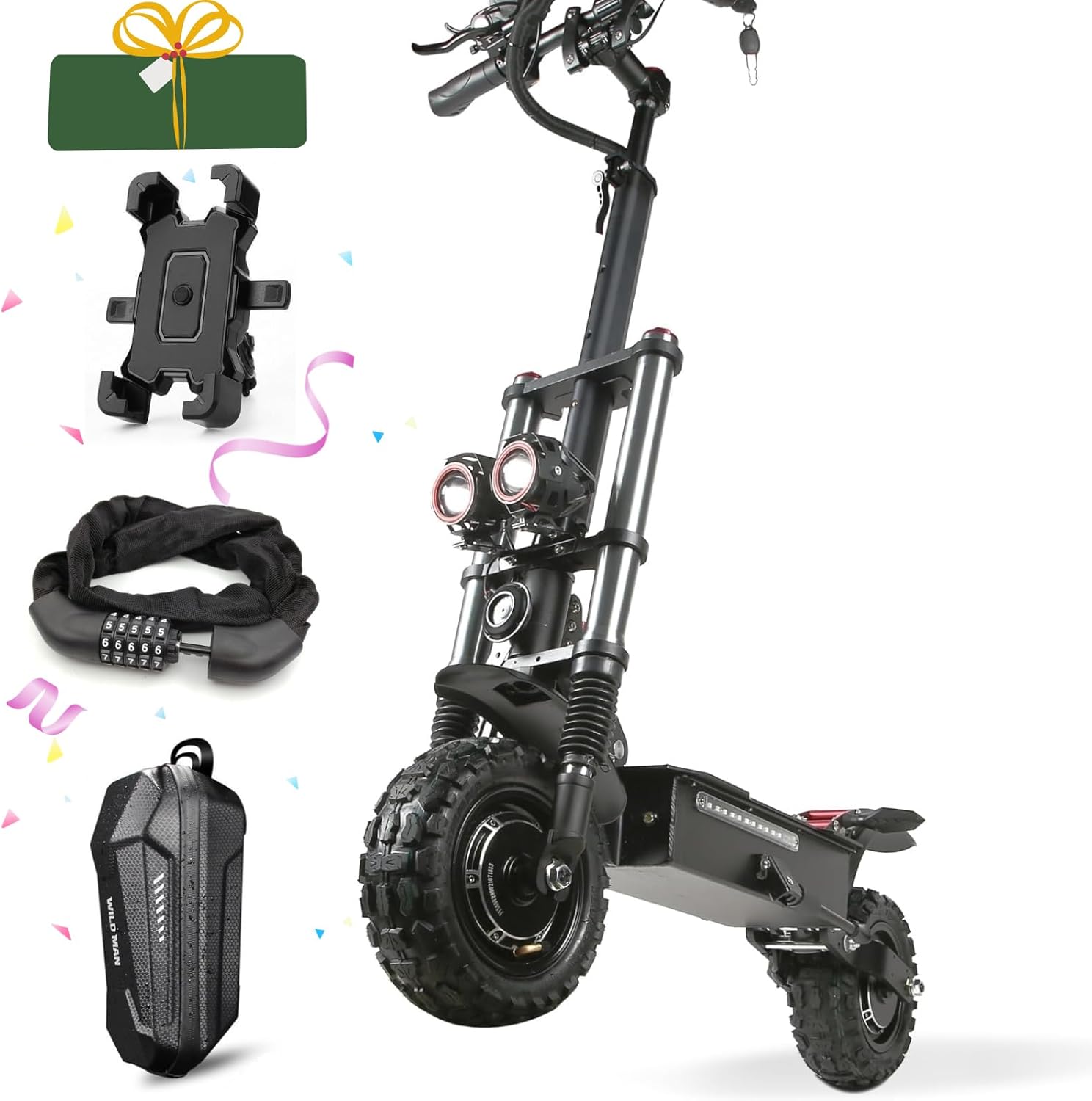 Electric Scooter Adult K8 6000w Dual Motor, Max Speed 50MPH Range 70 Miles, 12 Inch Street Tires Commuter Dual Suspension E-Scooter with Seat and RGB Light