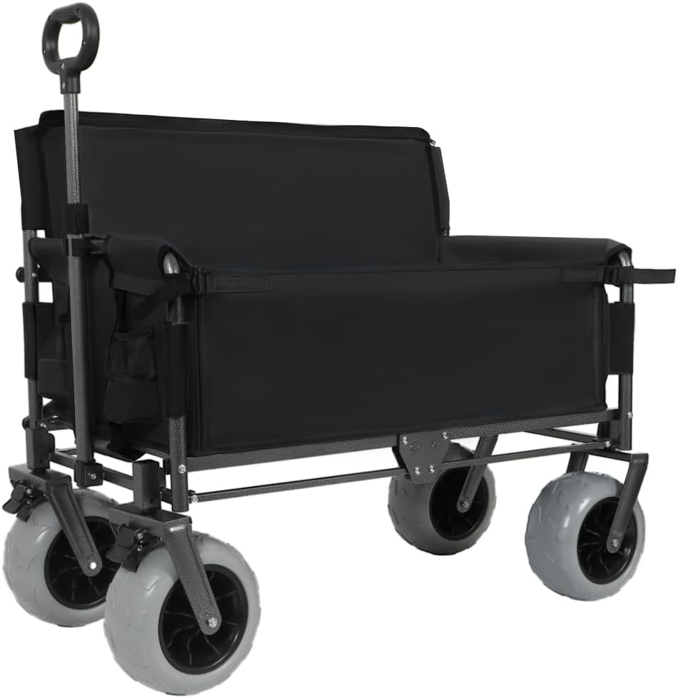 Versatile Folding Wagon with Bench Seat – Heavy-Duty Steel Frame, All-Terrain Wheels, Spacious Cargo Area for Outdoor Activities (Black + Steel)