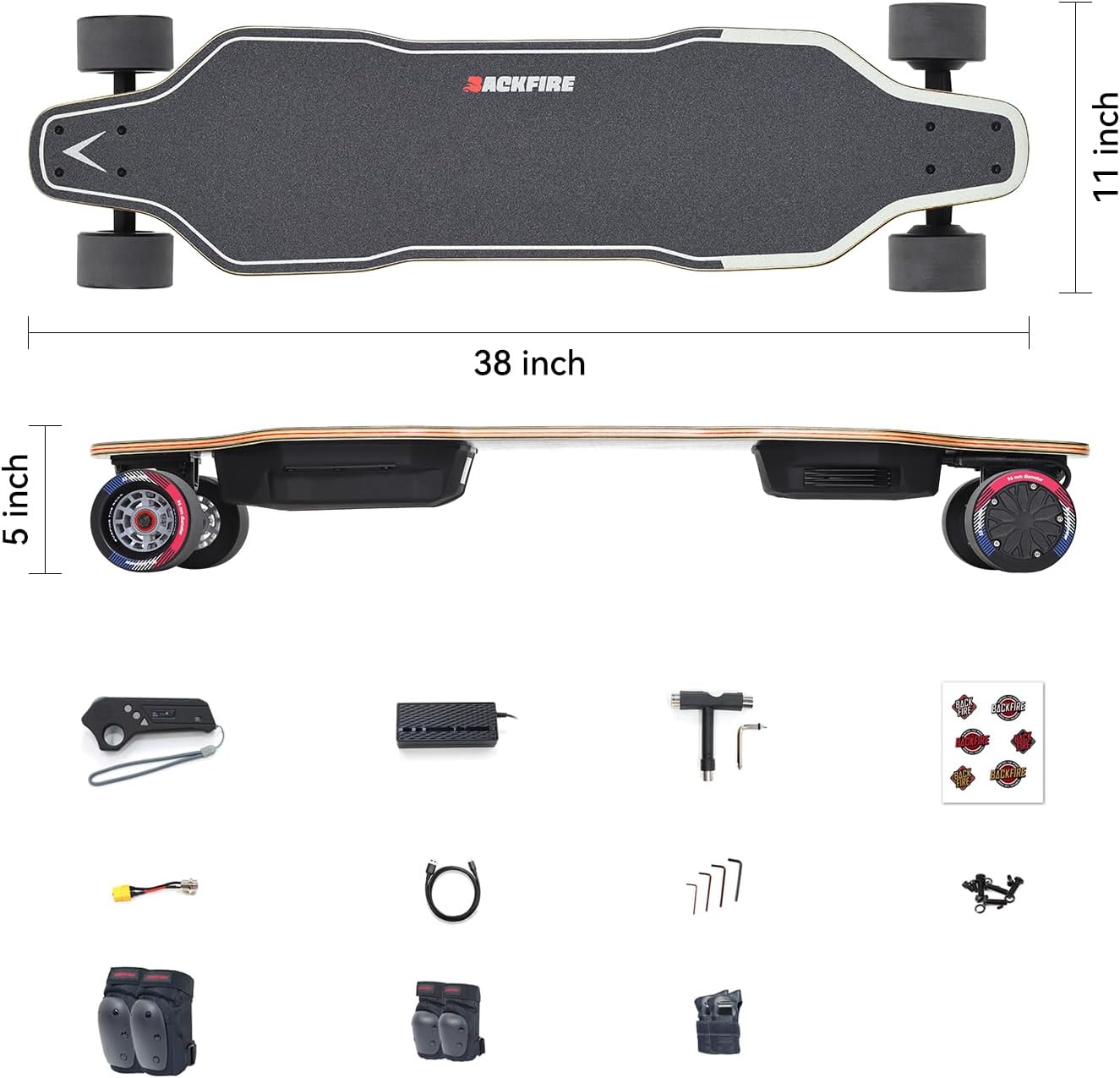 Backfire G2 Black Electric Longboard Skateboard with Protective Gear, Suitable for Adults & Teens Beginners, 5.2Ah/187Wh Battery, 12.5 Miles Range, 24 mph top Speed, 180 Days Warranty