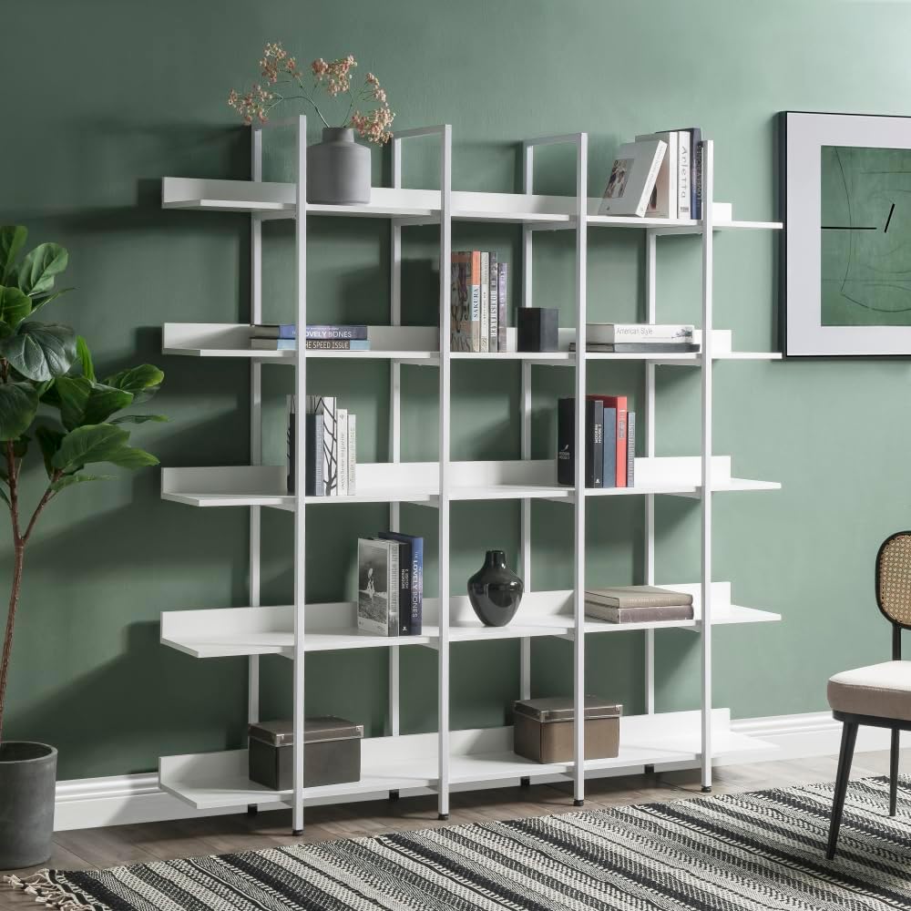 JovyTide 5 Tier Bookcase Home Office Open Bookshelf, Vintage Industrial Style Shelf with Metal Frame, MDF Board (White)