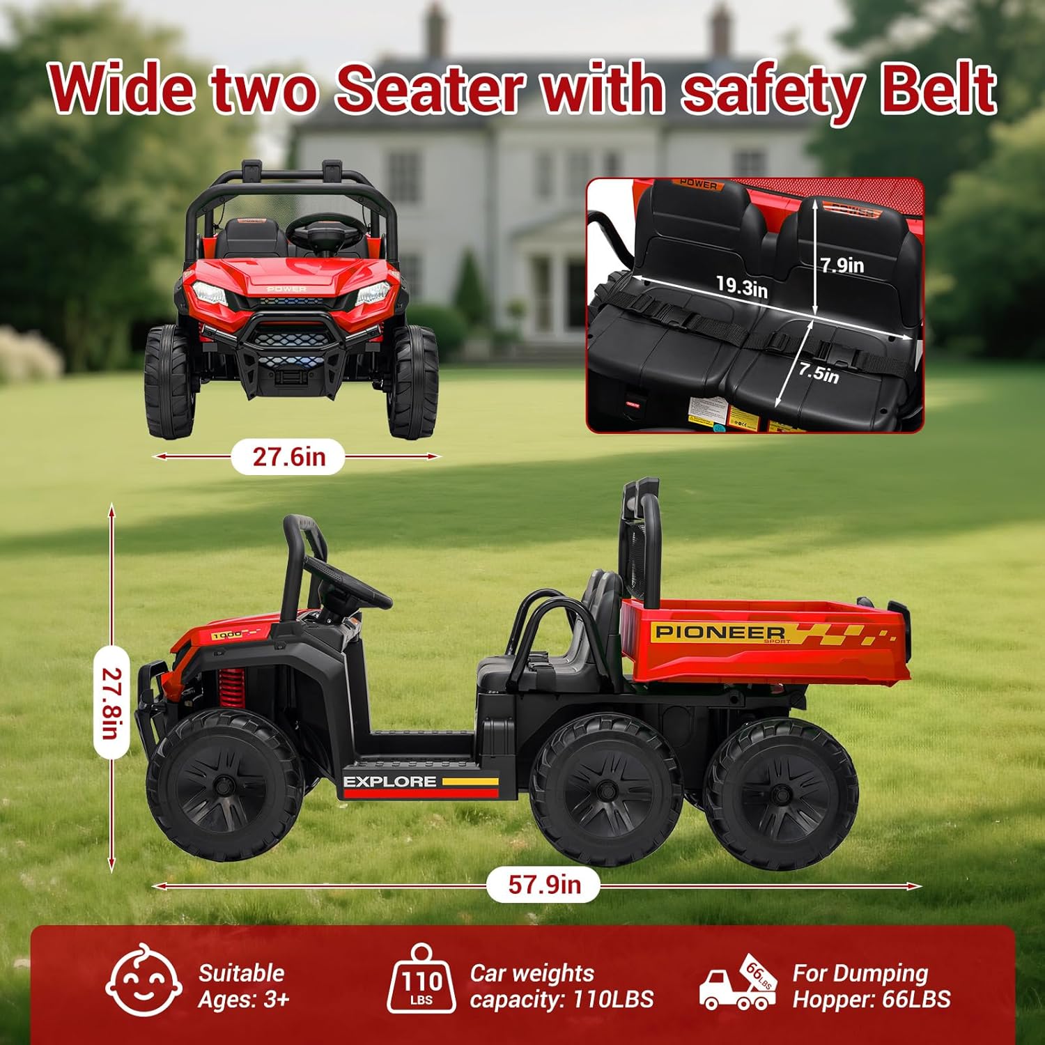 SEHOMY 24V 2 Seater Ride on Car for Kids, 4WD Power Wheels Dump Truck 6 Wheels UTV Toys with Remote, Electric Dump Bed, Shovel, Max 7MPH, 19