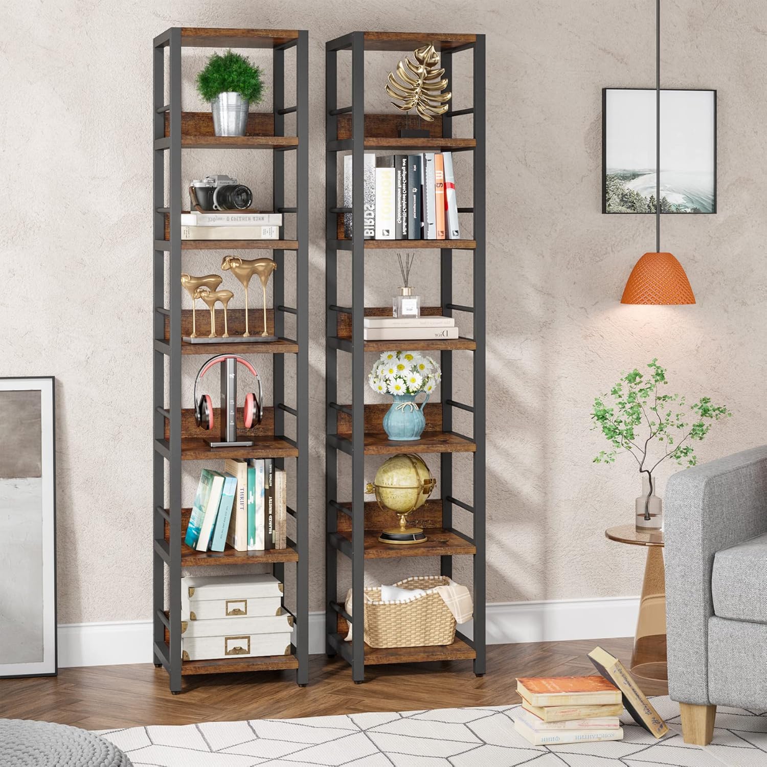 Tribesigns 6-Tier Corner Shelf, 75 Inch Tall Narrow Bookshelf Storage Rack, Etagere Shelves Display Stand for Small Spaces, Rustic Open Bookcase Square Shelf Tower for Living Room Bathroom