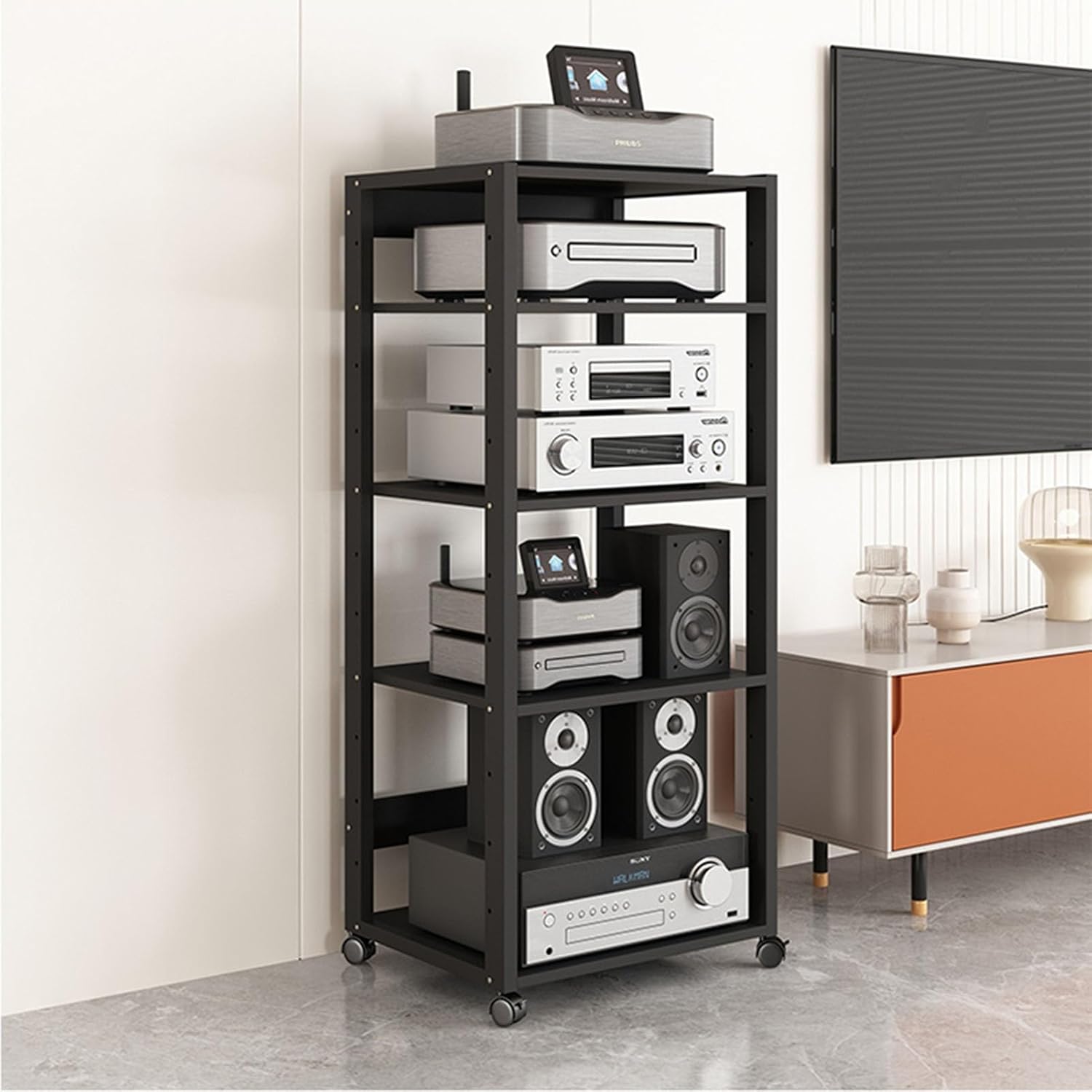 5/6/7-Tier AV Media Stand Audio Rack CD Player Stand Stereo Component Storage Cabinet with Height Adjustable Wooden Shelf for Home/Office/Theater