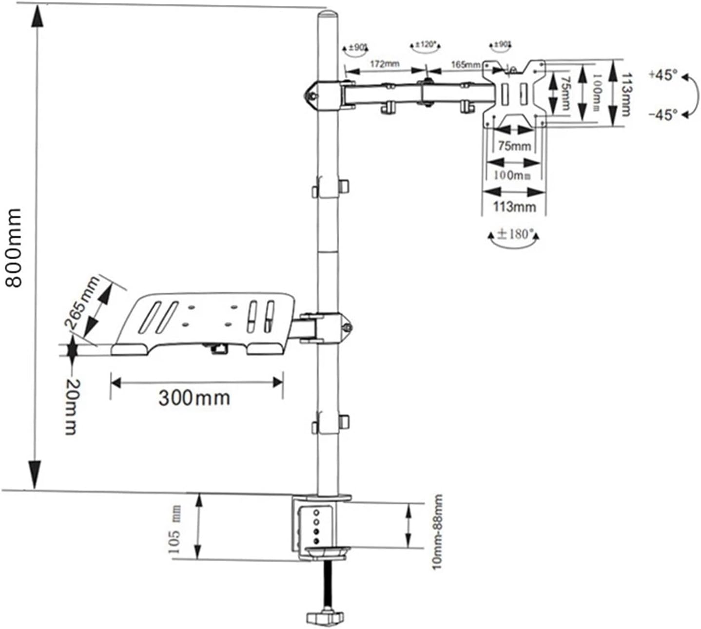 M077 Dual LCD monitor desktop mounting bracket with extra laptop tray, suitable for laptops up to 17