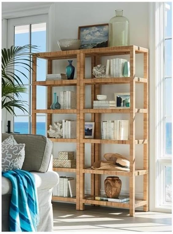 Coastal Living Escape Long Key Woven Rattan Wood 5 Shelf Bookcase with Glass Shelves