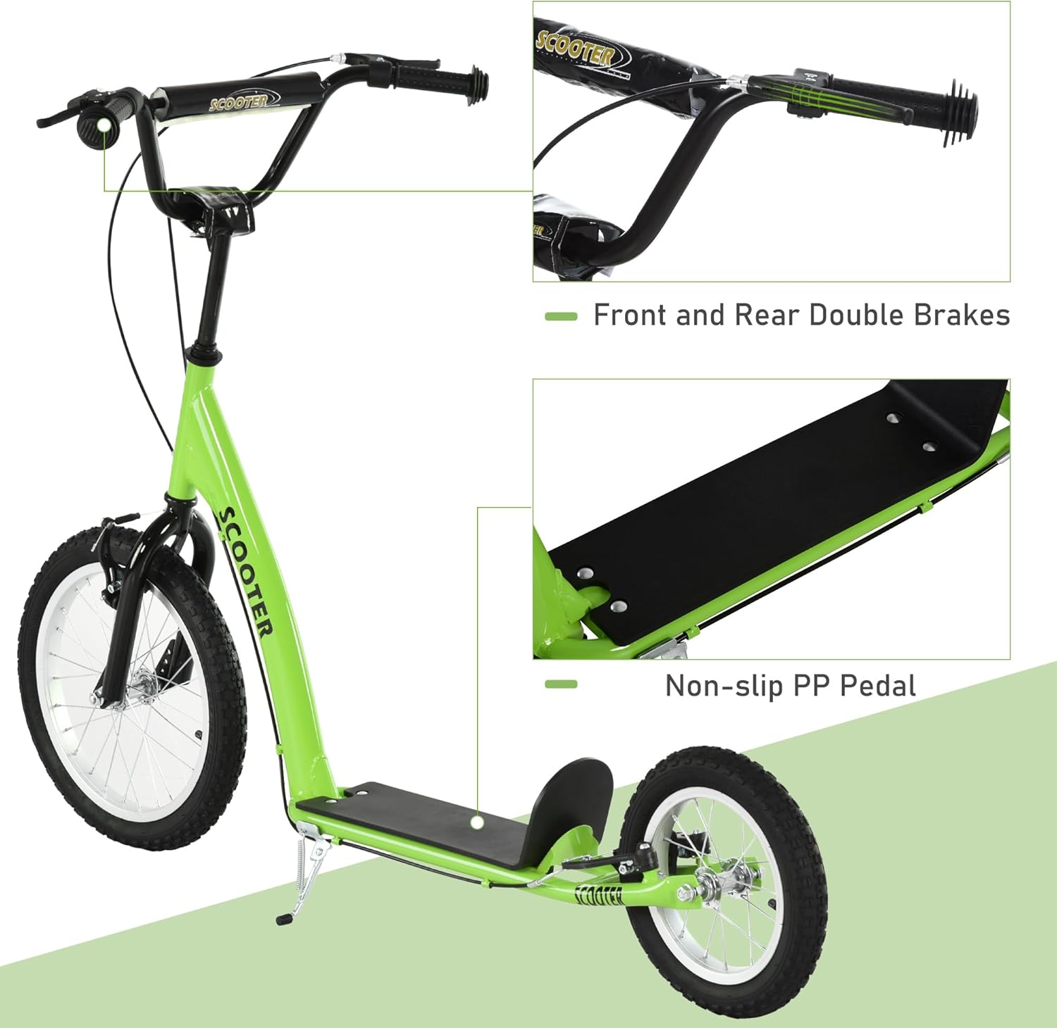 Youth Scooter for Kids with Adjustable Handlebar, Dual Front & Rear Brakes, Inflatable Rubber Wheels, Sturdy Aluminum Frame, Non-Slip Pedal, Green Kick Scooter