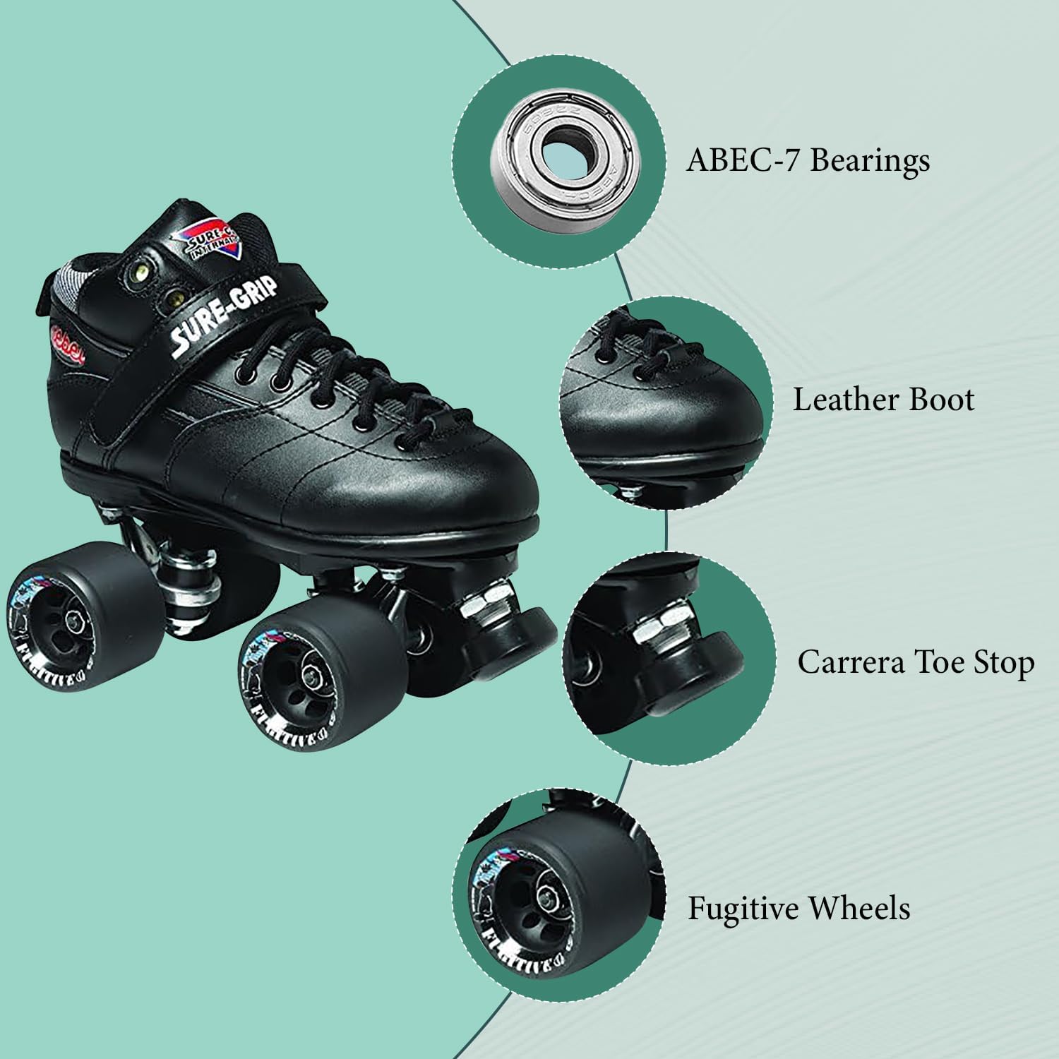 Sure-Grip Rebel Derby Roller Skates for Men & Women - 62mm Fugitive Polyurethane Wheels - Super X Plate Extended Support for Larger Sizes - Suitable for Indoor & Outdoor Skating - Beginner Friendly