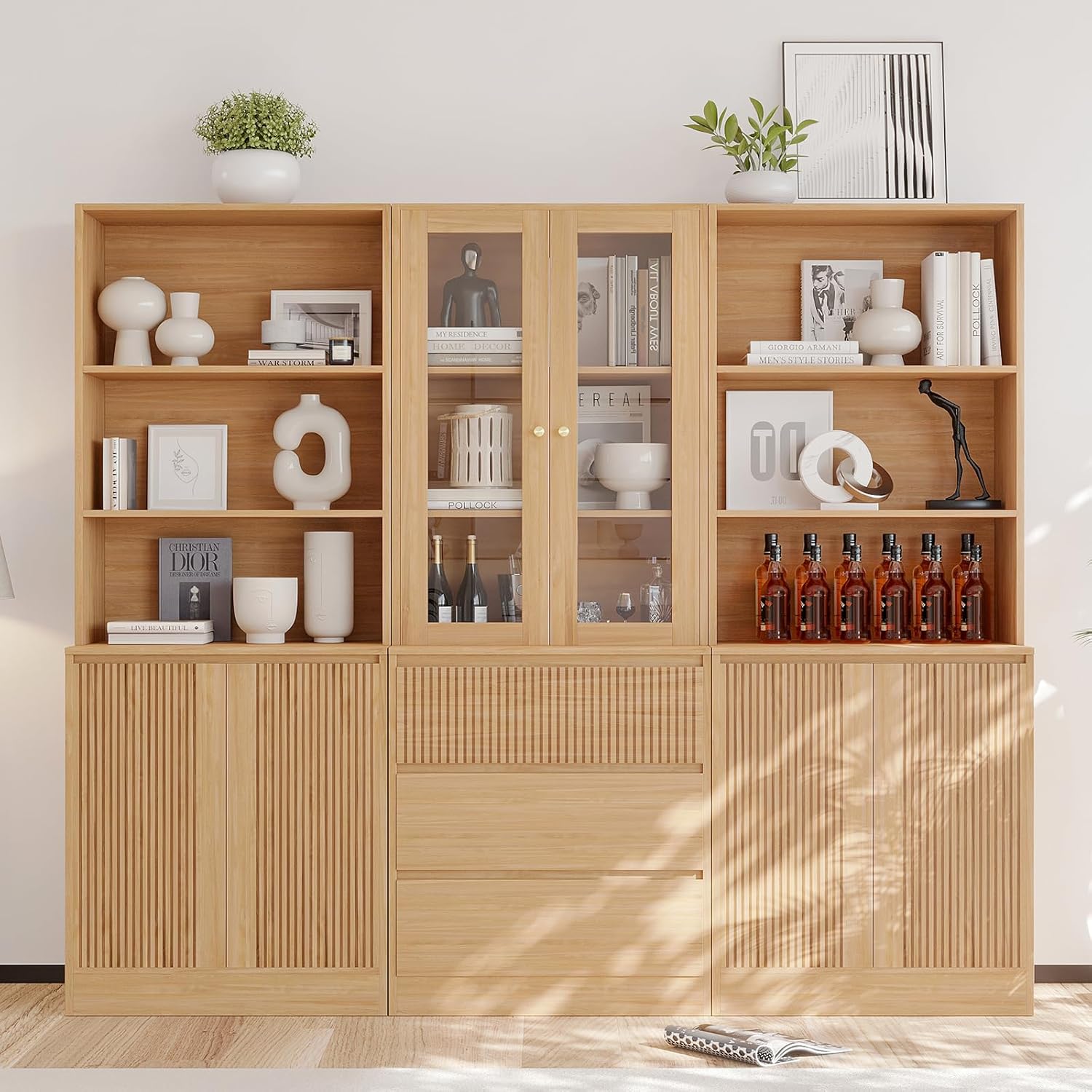 VOWNER Wood Bookcase Cabinet, 71’’ Freestanding Tall Storage Cabinet with 2 Tempered Glass Doors, Modern Kitchen Cupboard Large Floor Cabinet for Kitchen, Living Room, Home Office (2C+D)