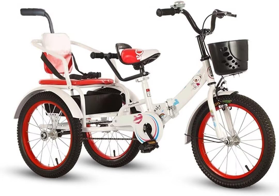 Folding Toddler Pedal Tricycle for Aged 3-10 Years Old,Children Large Tricycle with Rear Push Rod and armrest,Tandem Rickshaw trikes with Large Rear seat,3 Wheeled Cruiser Bike