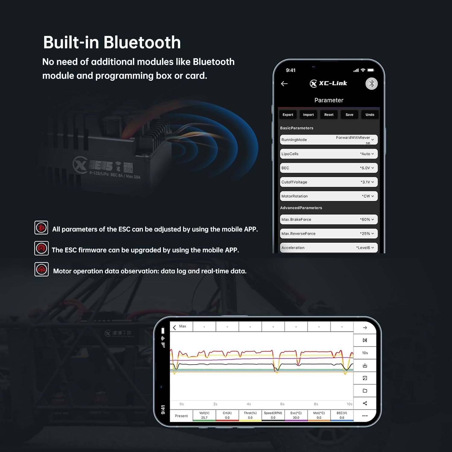 XC E5 Sensored Brushless ESC for RC Car, 6-12S Lipo,200A Continuous Current,8-25A、6.0/7.4/8.4V BEC,Applicable to 1/5、1/6,Support Turbo Timing and APP Control