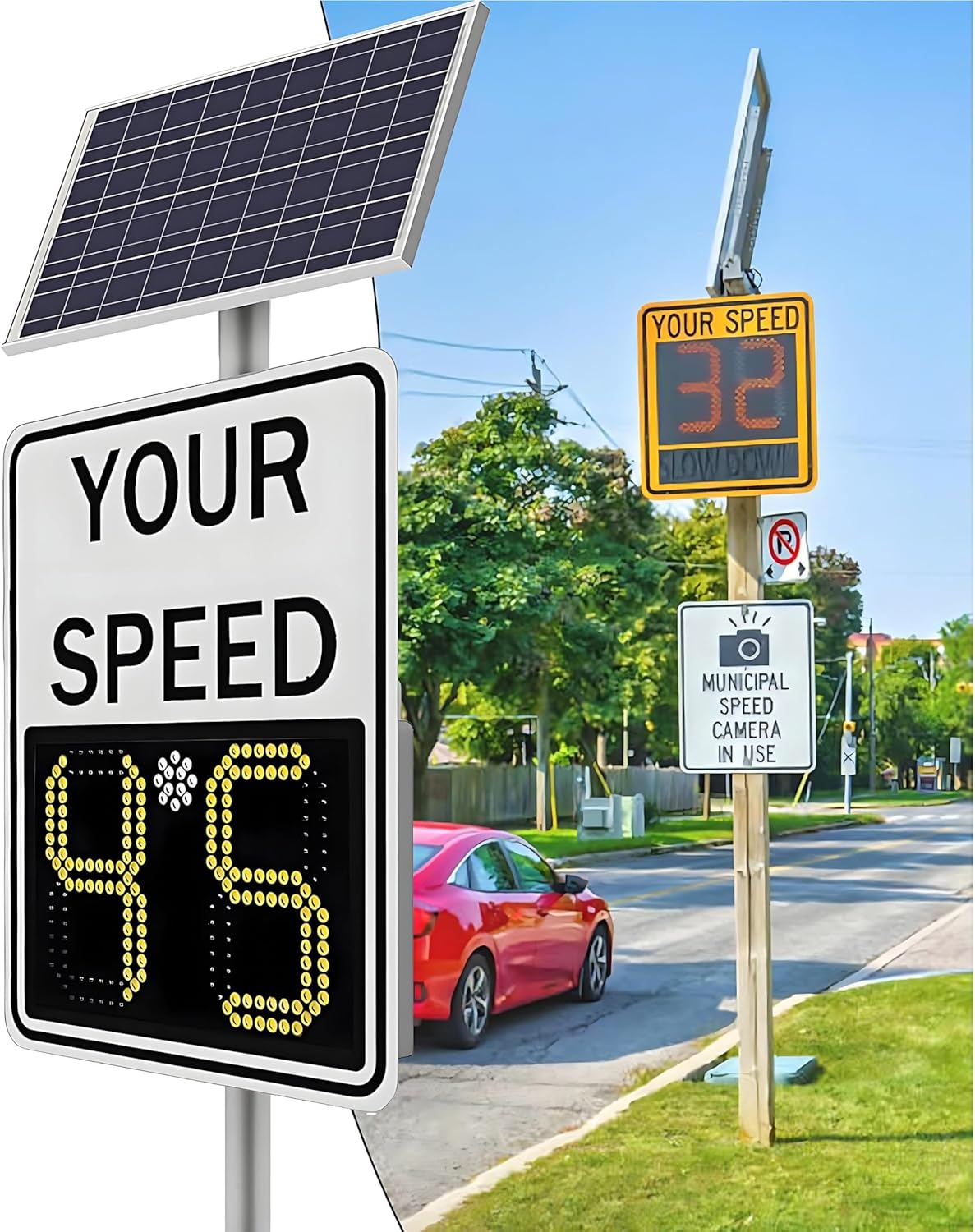 Solar-Powered Radar Speed Limit Sign - LED Speed Display, 19.6