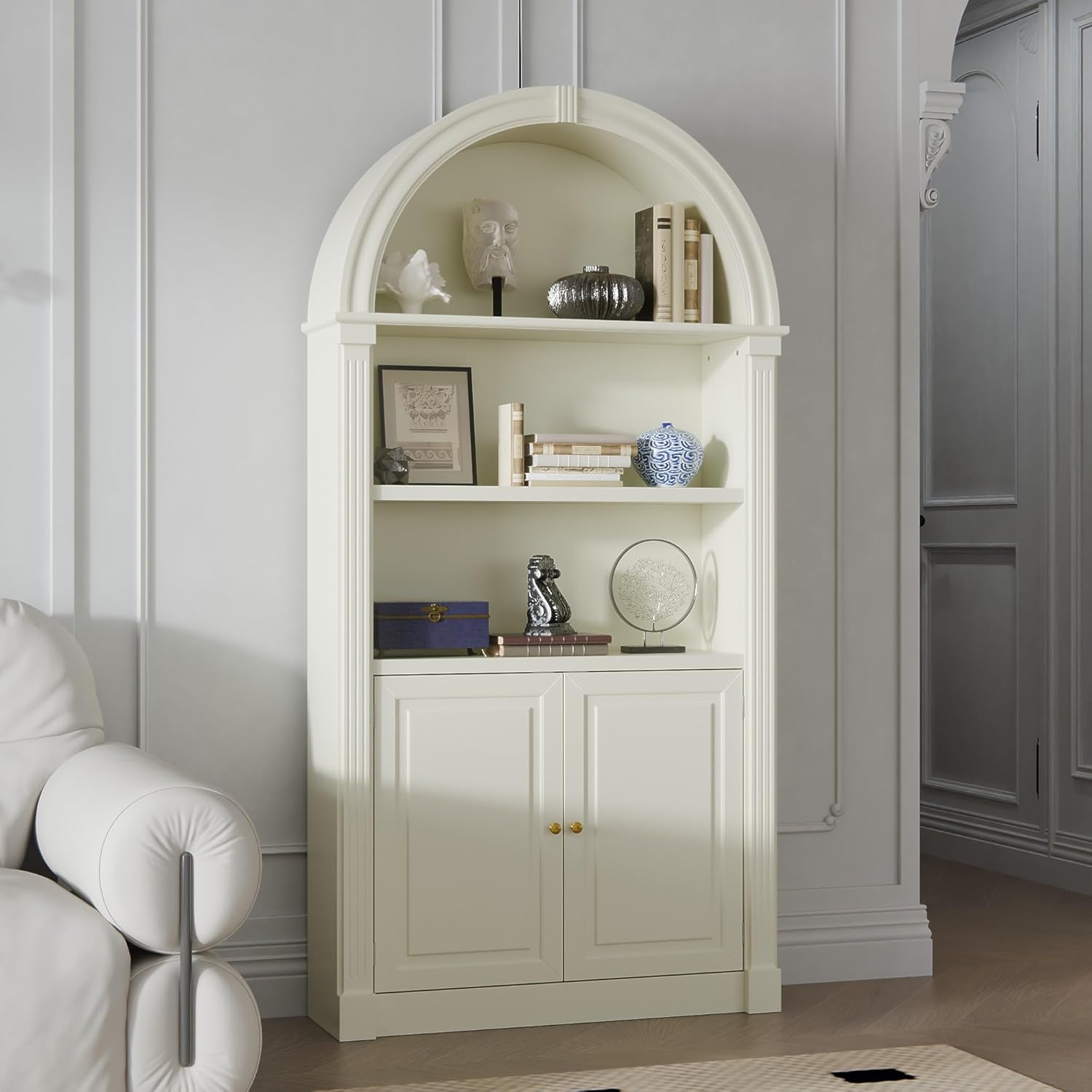 TAMUNE 71.2” Tall Bookshelf, 5-Tier Arched Bookcase Vintage Arch Bookshelf Display Shelf with 2 Doors, Open Storage Shelving for Living Room Home Office Hallway, Cream, 10.2”D x 36.4”W x 71.2”H