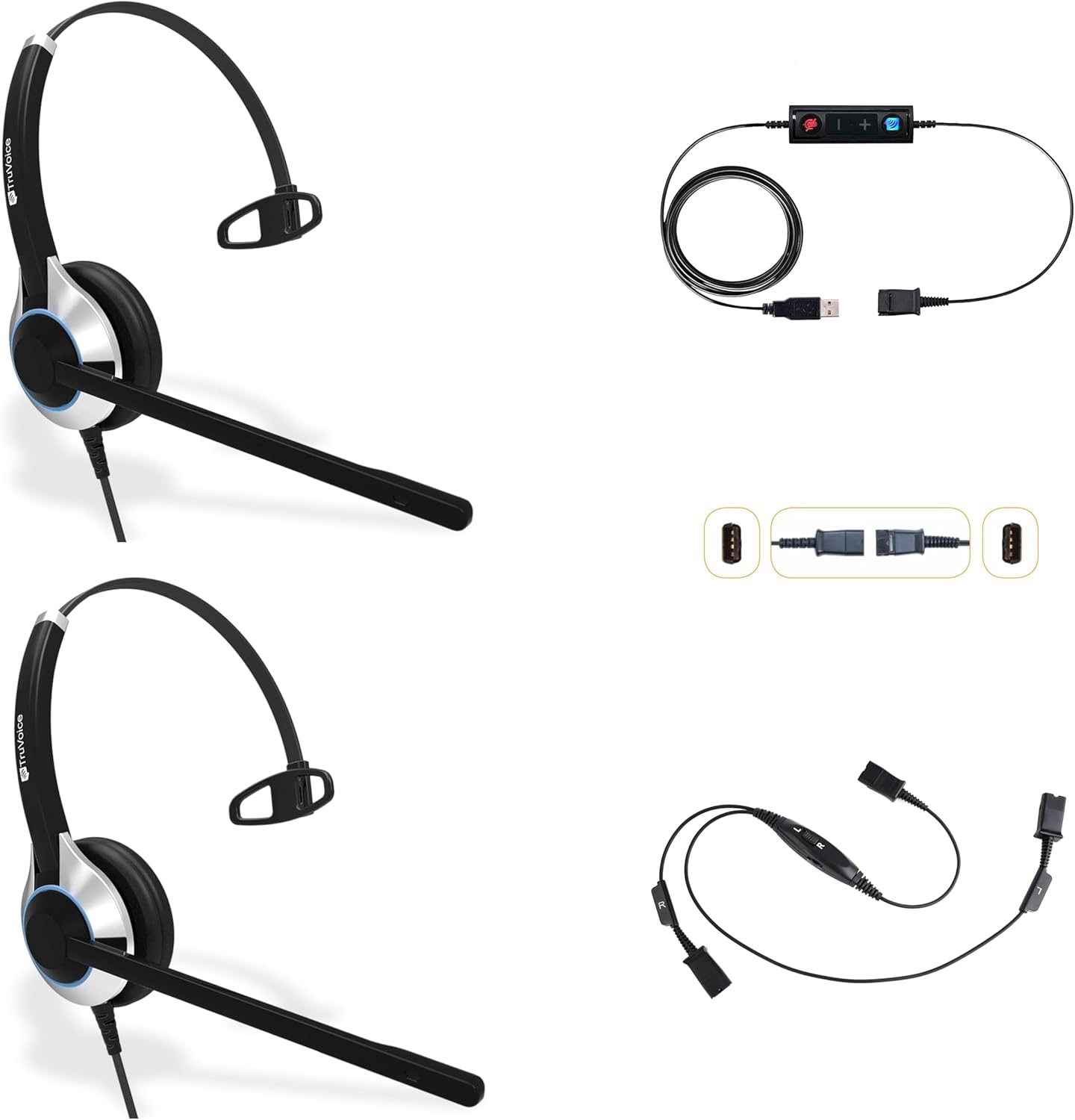 TruVoice Computer Headset Bundle for Training | Monitoring | Supervising : Includes 2 x HD500 Headset with NC Microphone, Training Splitter Y Cable and USB Adapter Compatible with PC and Softphones.