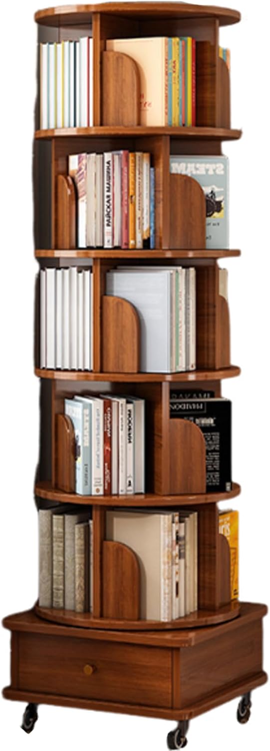 JS Ellie 5/6 Tier Solid Wood Rotating Bookshelf, Round Bookcase Storage Rack with Wheels and Drawers, can Hold 300 Books, Suitable for Corner, Small Space, Office, Home, Kids Room Mahogany 173cm