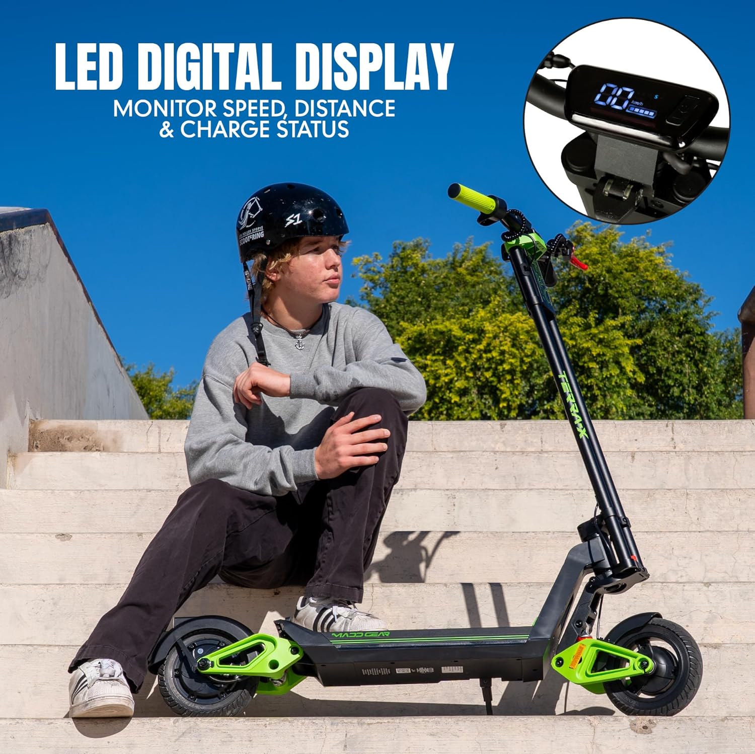 Electric Scooter for Teens and Adults – Up to 15.5 MPH, 12.4 Mile Range, Suspension, Folding Frame – Lightweight & Affordable E-Scooter with Solid 8” Tires – Madd Gear Terra-X