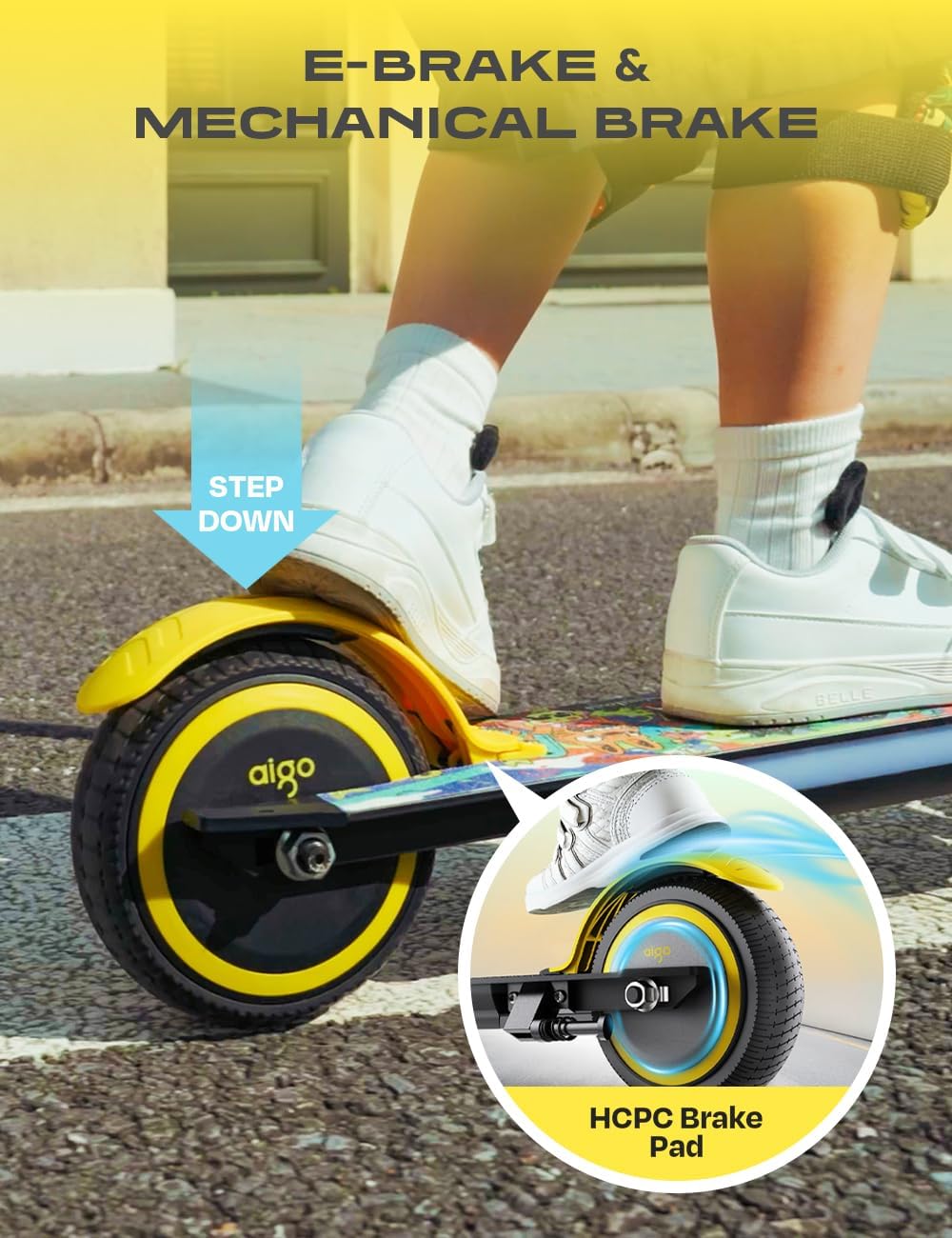 aigo E3 Kids Electric Scooter - Front Suspension, Max 3-5 Miles Long Range, Powerful 130W Motor, Multi-Color RGB Light Deck and Rainbow Headlight, 154lbs Weight Safety Tested to UL 2272