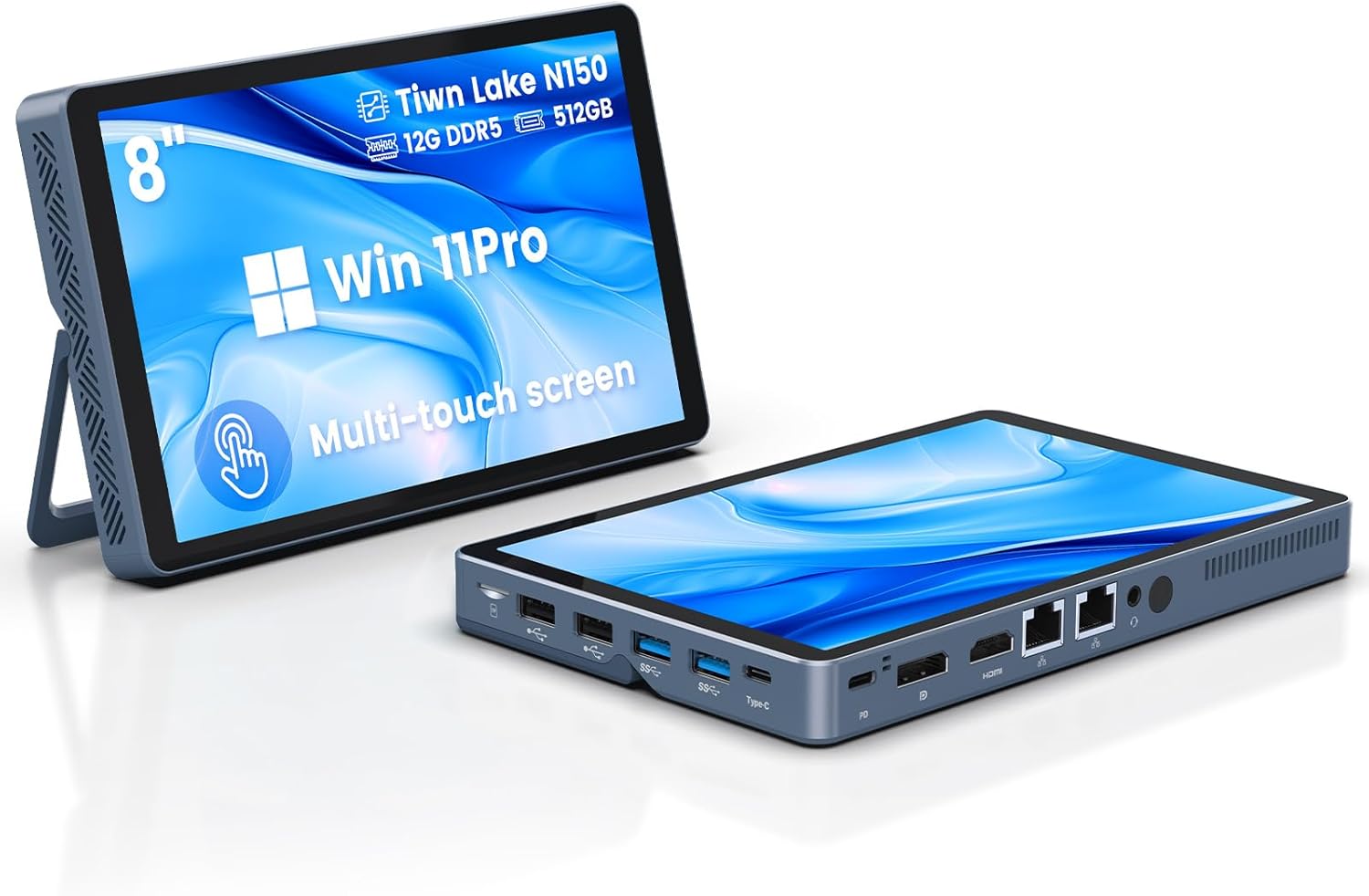 Mini PC N150(up to 3.6GHz), 12GB DDR5 RAM 256GB/512GB/1TB M.2 SSD Mini PC with 8-Inch Touchscreen 4K Dual Display,WIFI6,BT5.2,12 Ports, Portable Mini Computer(N150-12GB+512GB)