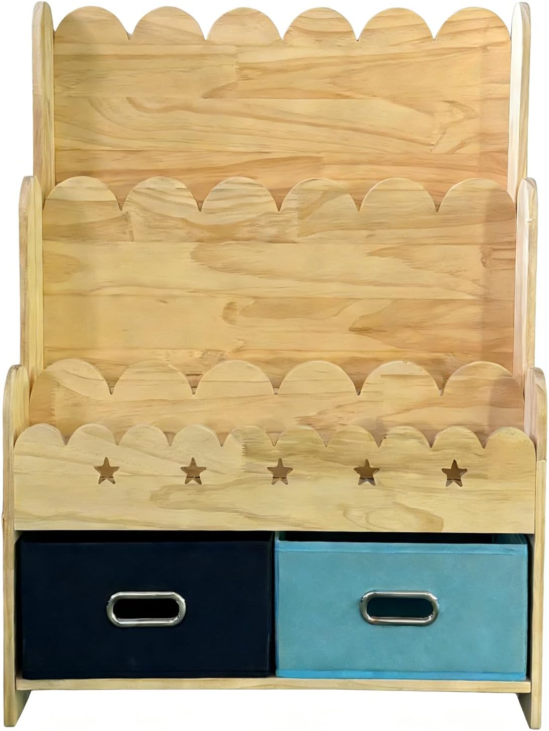 EXPERLAM 2-in-1 Kids Bookshelf with Toy Storage Drawers, Scalloped Montessori Bookcase Front Facing for Toddlers, Solid Wood Book Display & Organizer for Nursery, Playroom, Bedroom & Classroom