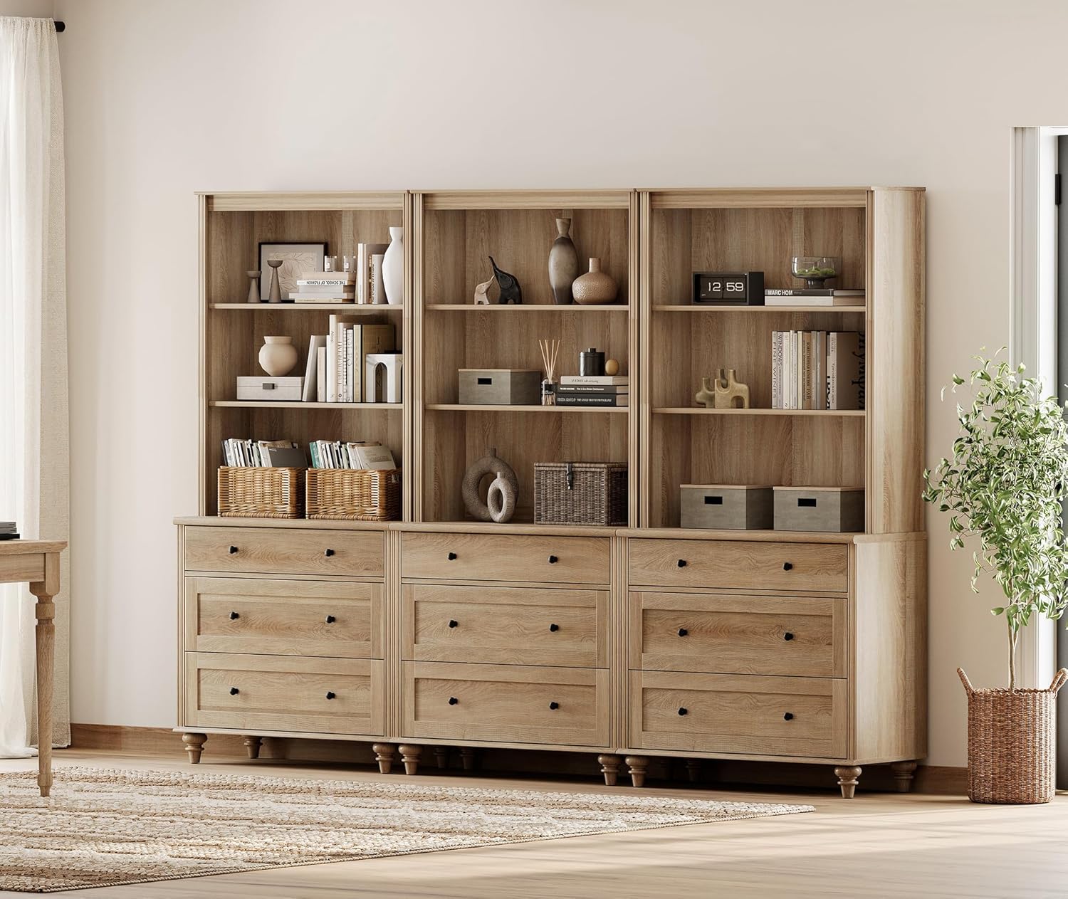 WAMPAT Oak Bookcase with 3 Drawers Set of 3, Tall Book Case with 3-Tier Open Book Shelfs, Large Wood Bookcases Farmhouse Bookshelves for Living Room Bedroom Home Office Kitchen, 72''