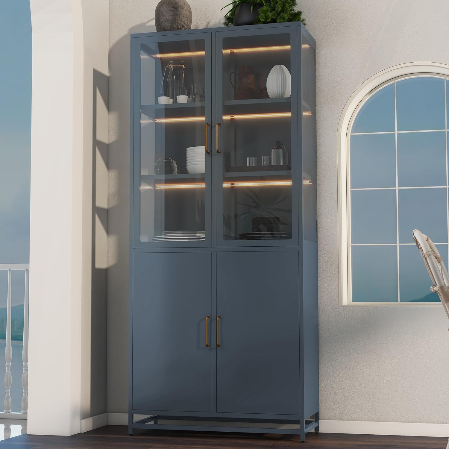 Glass Display Cabinet Steel File Cabinet with LED Lights, Tall Trophies Showcase Collectibles Bookcase Pantry for Home, Office, Stores, Dark Blue