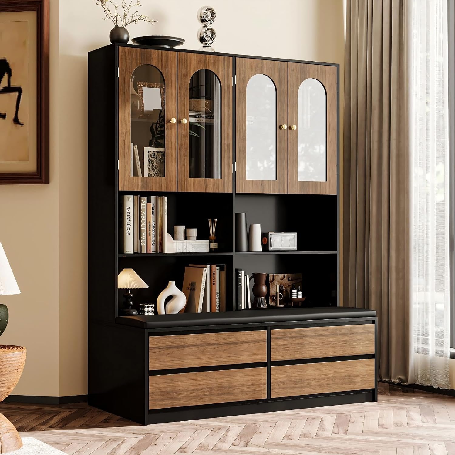 TAMUNE Bookcase with Reading Nook, Storage Cabinet with Glass Doors and Open Shelves, Gold Metal Handles, Versatile Storage, for Living Room Hallway Black and Oak 23.6