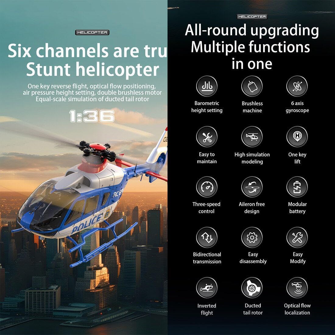 RC Helicopter for Adult, C123 1/36 Scale EC135 Remote Control Helicopter 2.4G 6CH Single-Rotor Gyroscopic Flying Aircraft Brushless Motor Airplane for Beginners -RTF Version